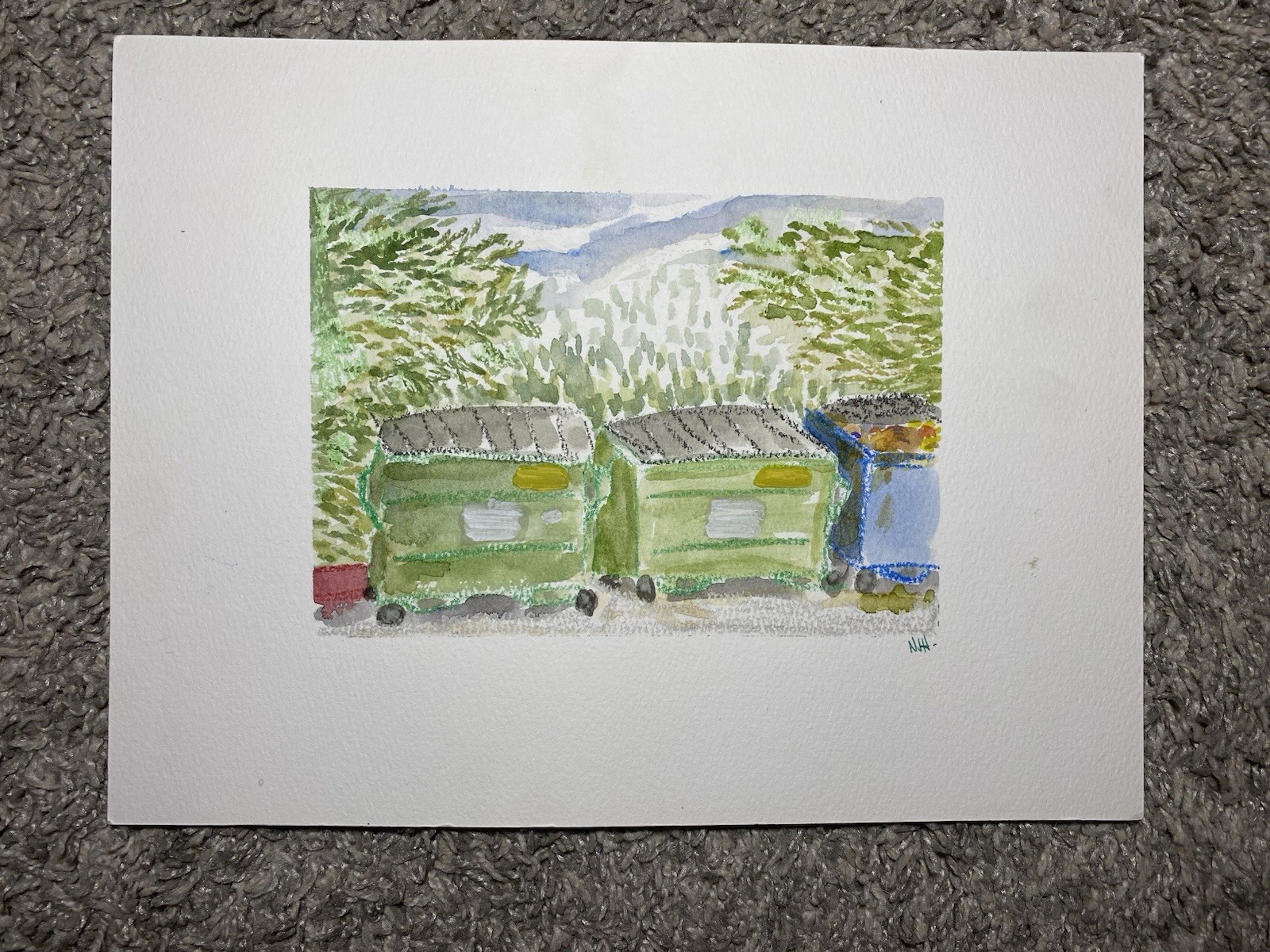 Garbage In Topanga By Nicholas Hagen Watercolor And Crayon 9×12