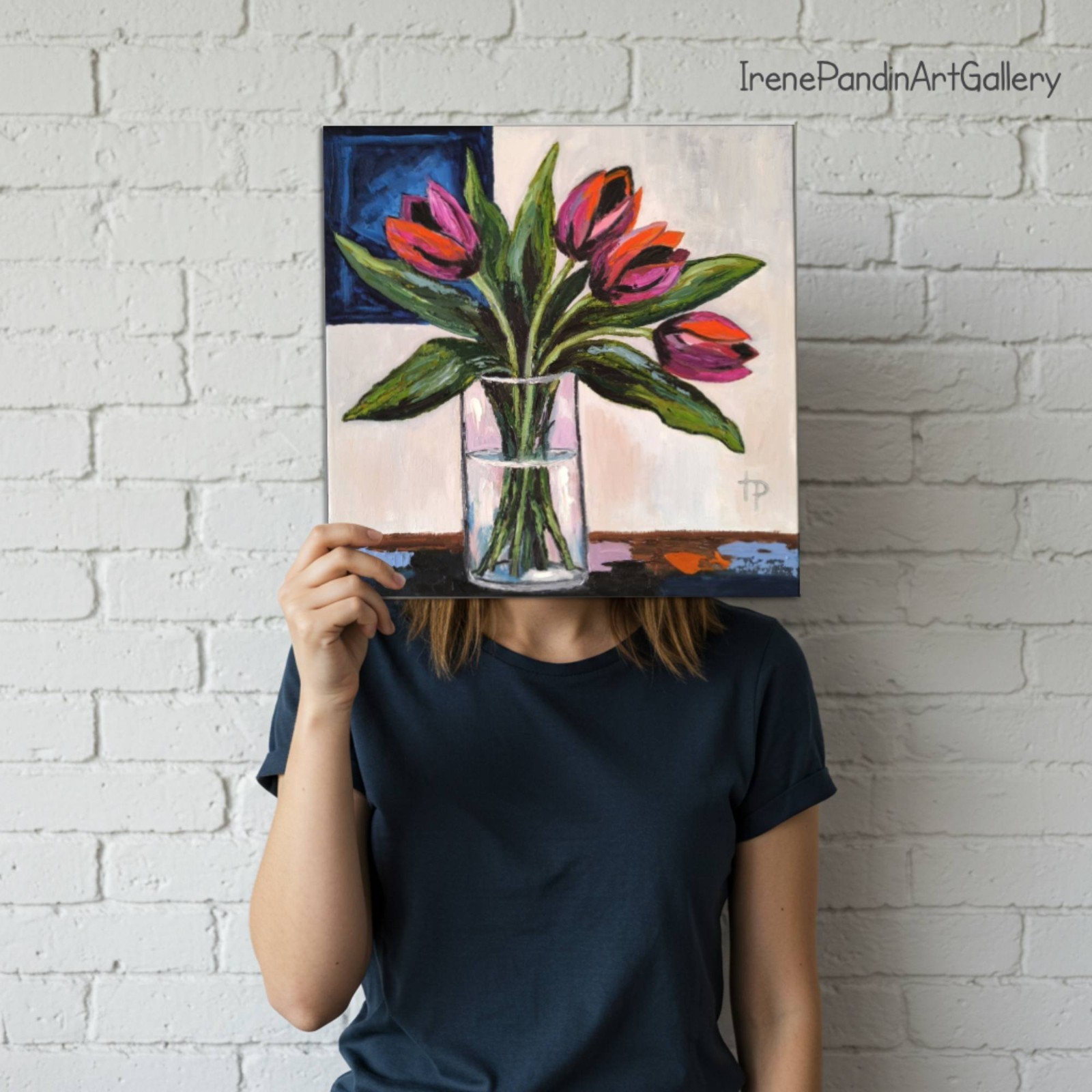 Colorful Tulip Oil Painting Modern Floral Wall Art Flowers Bouquet 11.8×11.8″
