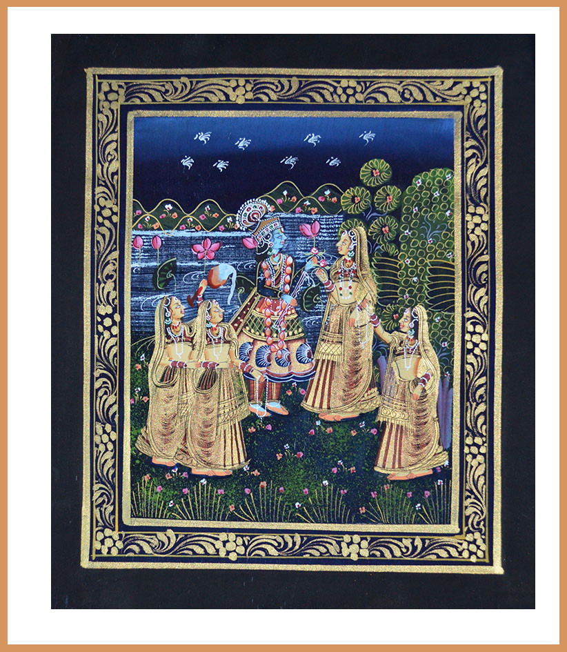 Radha Krishna Miniature Original Painting on Silk Cloth India Natural Colors!