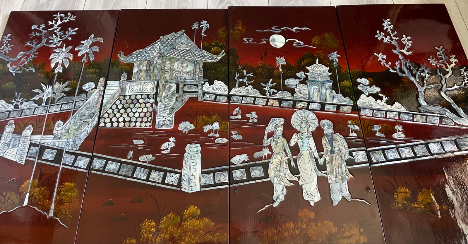 Asian Vietnamese 4 Lacquer Piece Artwork 23″HX45.6″L