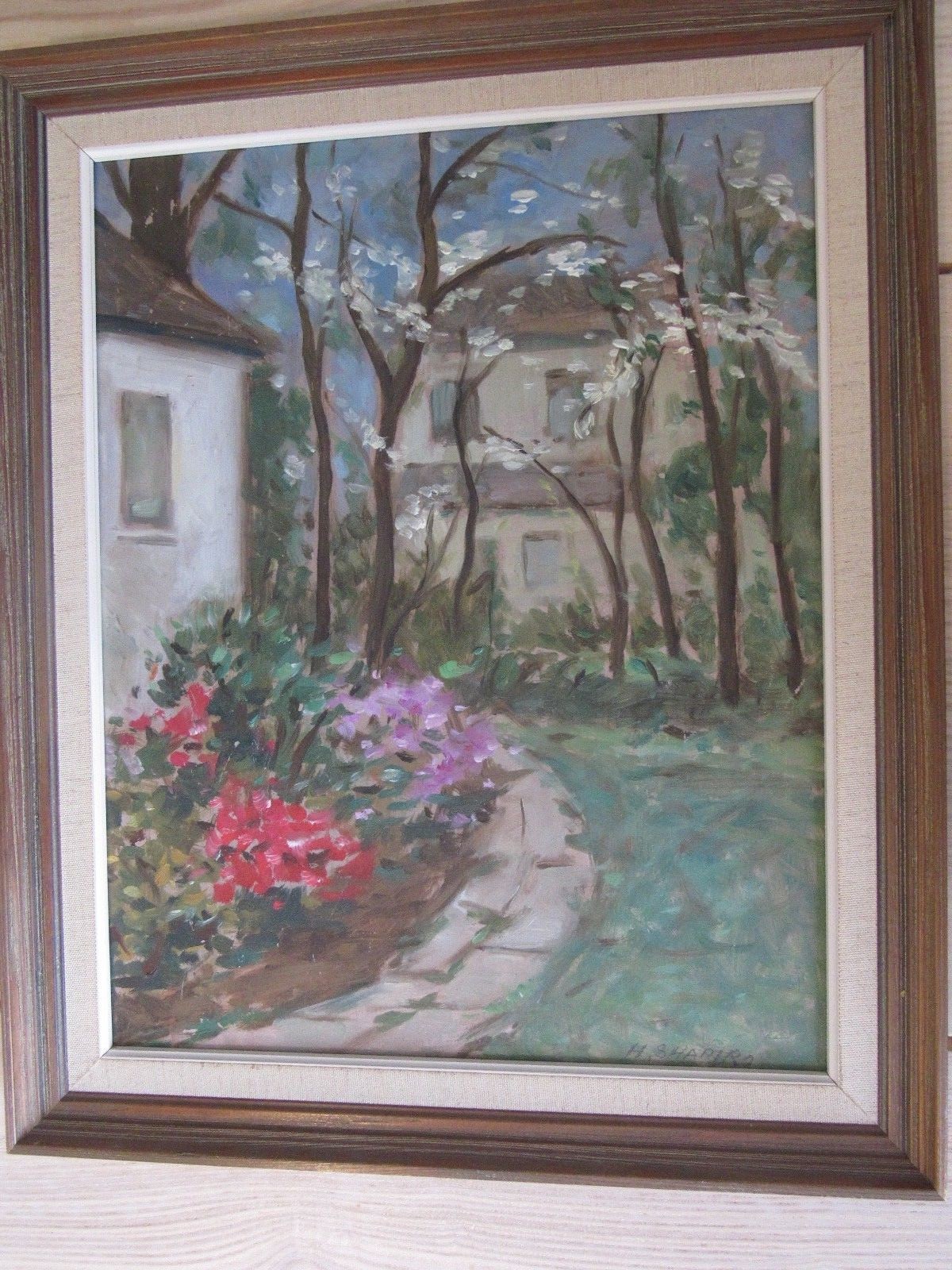 Painting of House and Gardens Signed. Dimensions In Frame 17”x14.5”.