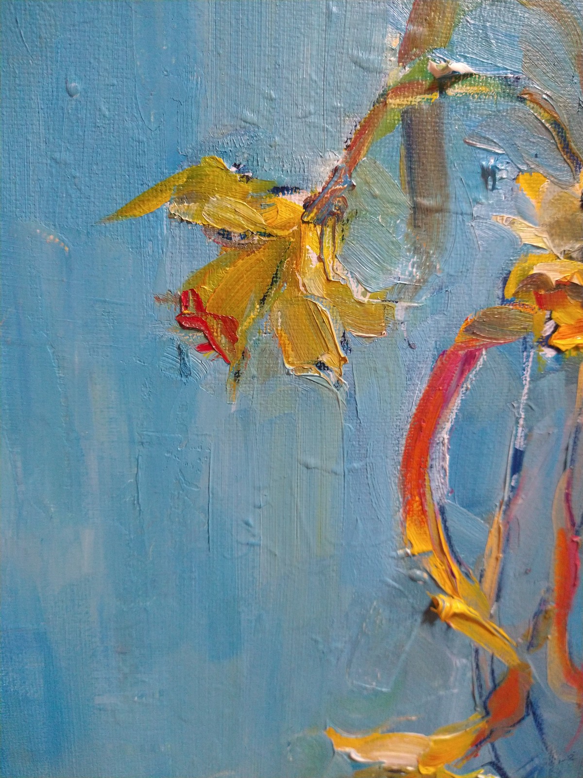 Original oil Still life 20″x20″, Flowers, Daffodils, Blue, Contemporary art