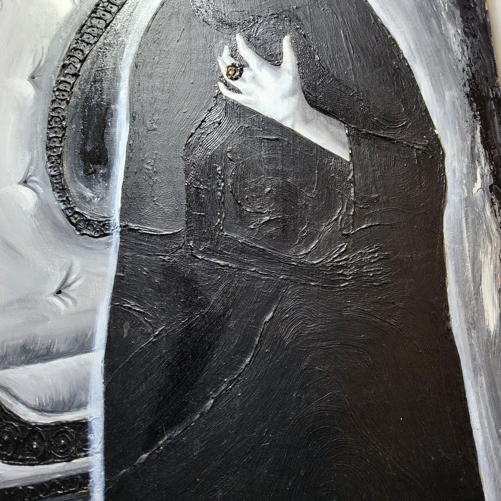 Vntg dramatic ghost floating woman painting ornate chair goth 22×34 spooky 3d