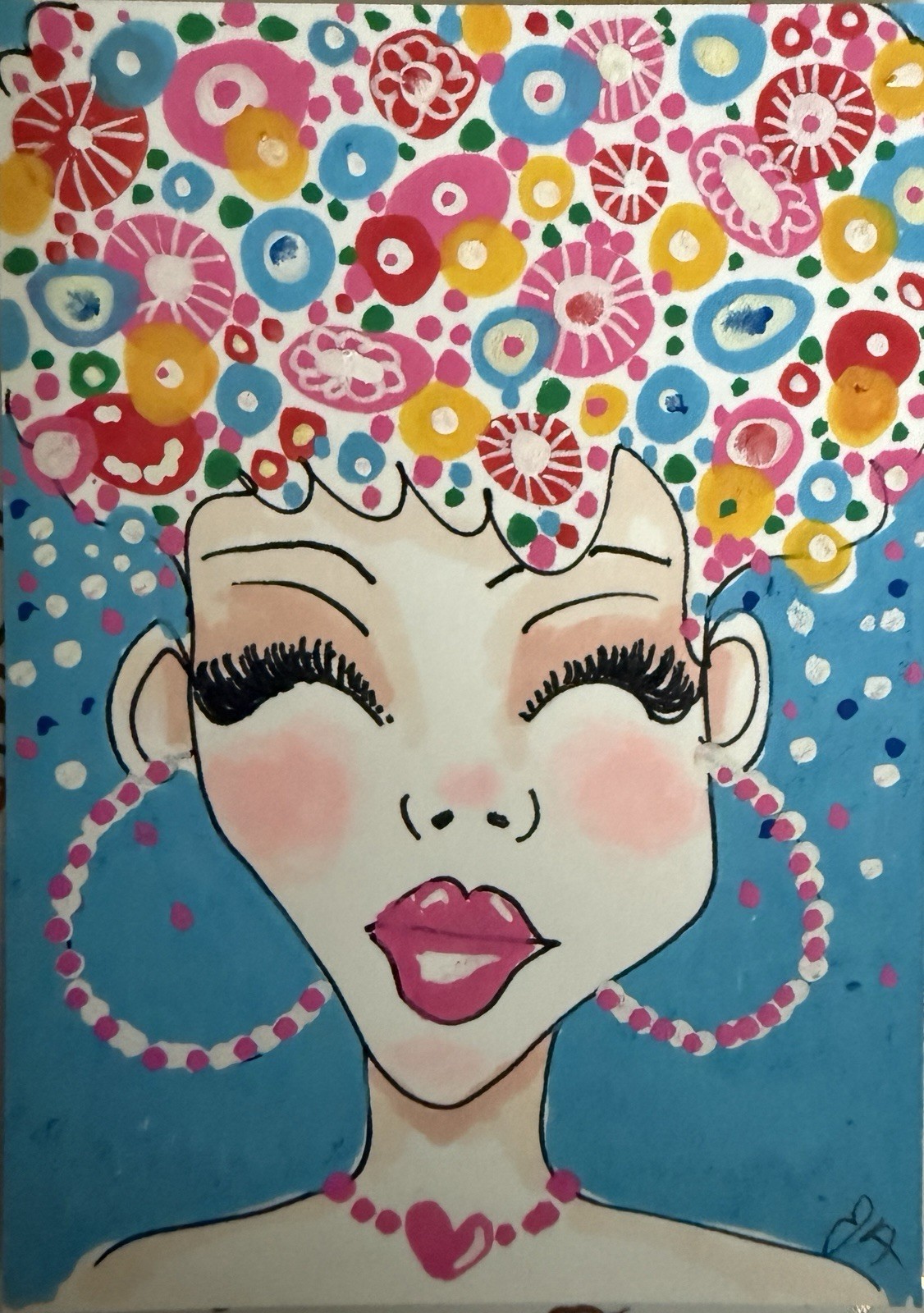 ACEO Original Mini Art Card AFRO-DITE 3.5” x 2.5” Acrylic Paint Floral Portrait