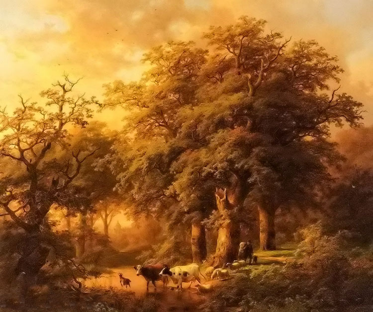 Oil painting johann bernard klombeck – summer sunset landscape with cows sheep