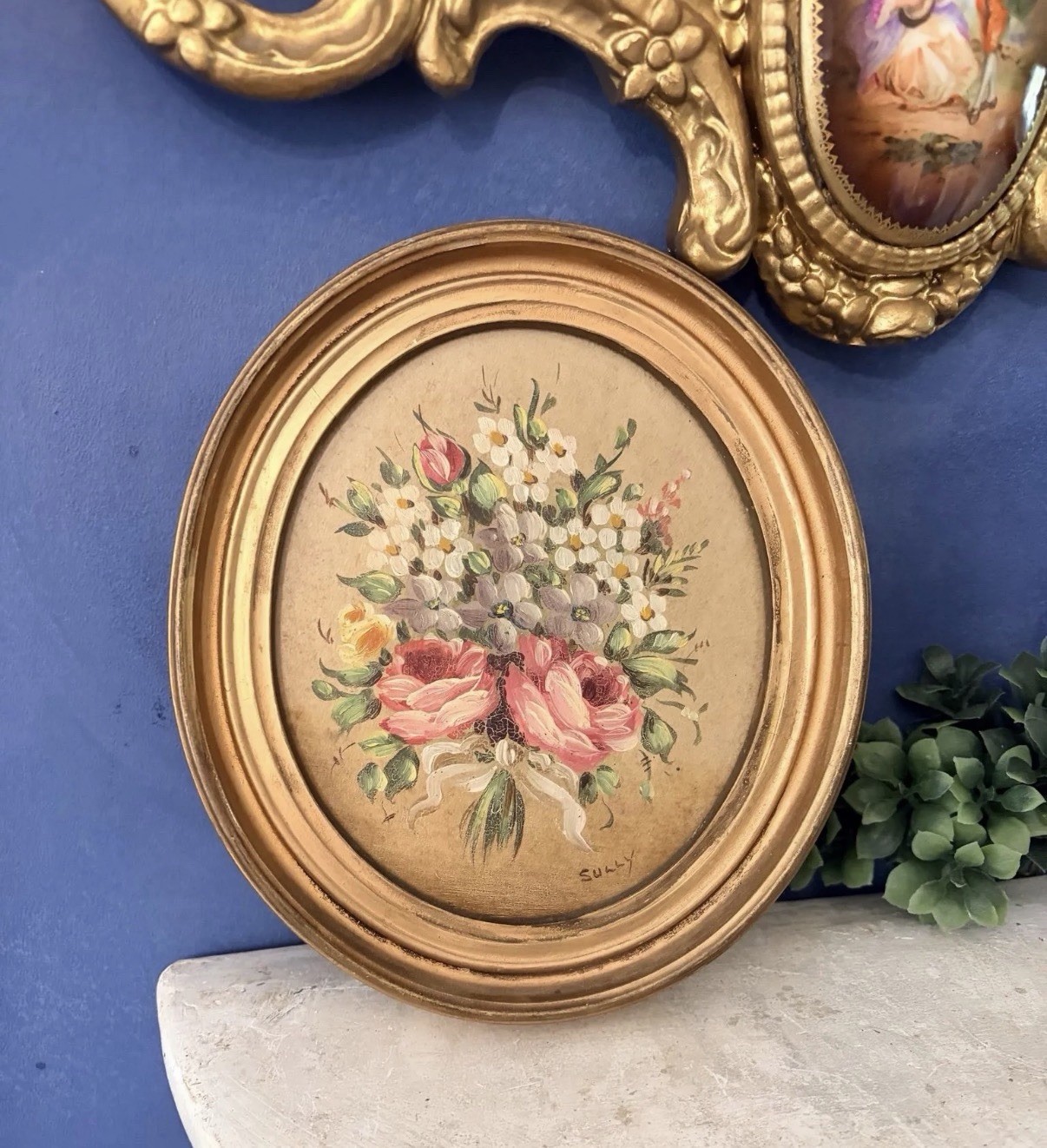 Vtg Floral Oil Painting In Deep Oval Frame Signed 10×8