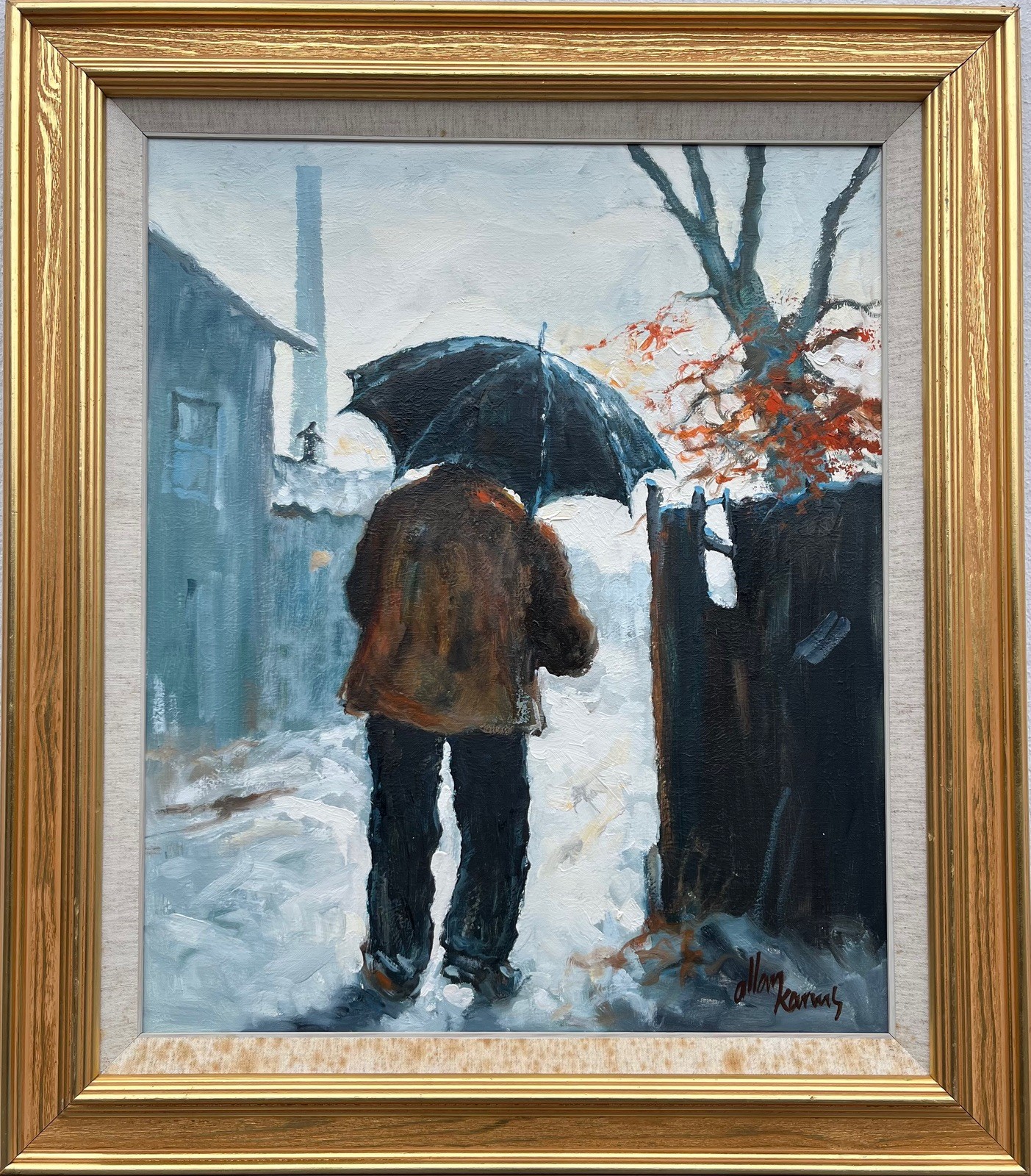 Allan Karms 1933-2021 Man with Umbrella Oil Painting Modern Danish Art 78x68cm
