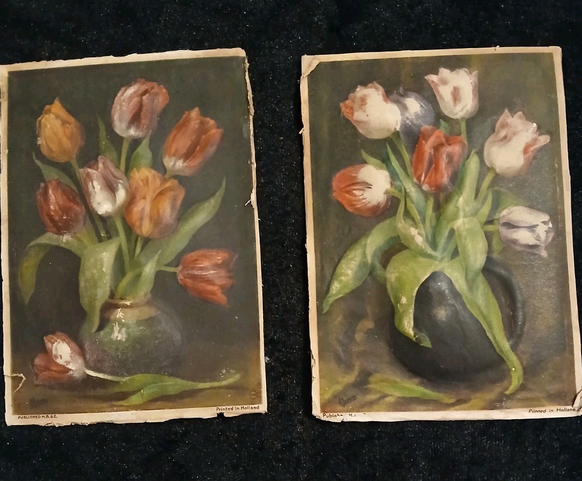 Holland Tulip Painting Raised Art Signed Pair Vintage Read Description