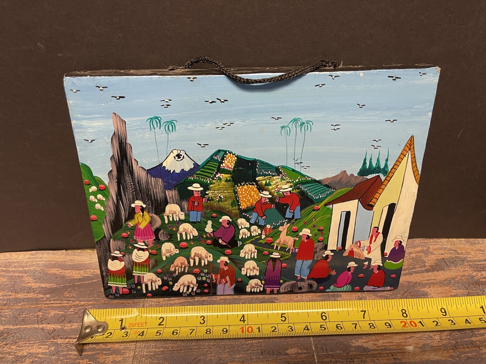 Minature Folk Peruvian Painting On Stretched Animal Hide. Bright MCM Vibe