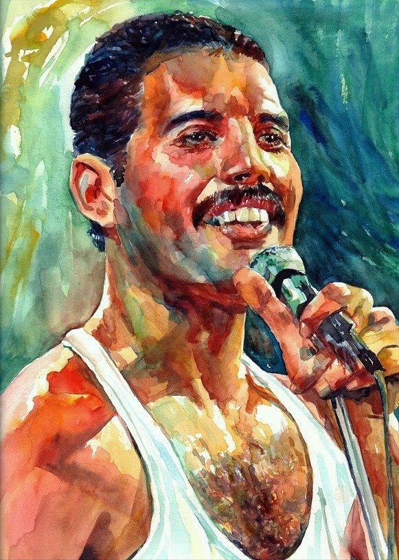 Freddie Mercury – Original Handmade Watercolor Painting, Queen Live Aid 1985