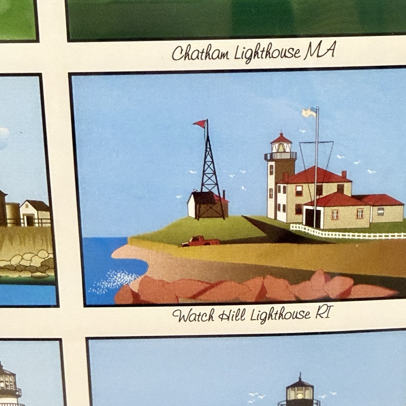VTG Lighthouse Print Signed Coastal New England Art Watch Hill Beavertail RI MA