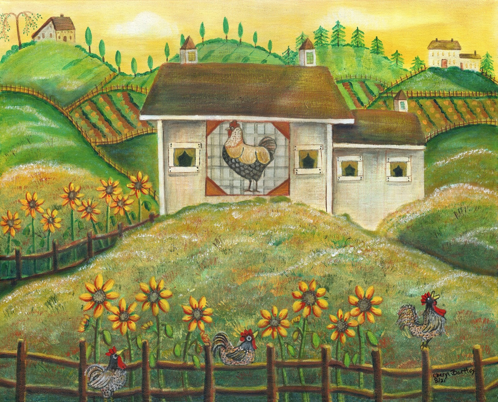 OrIgInAl FoLk ART PaInTiNg 3 ChIcKeNs QUILT SuNfLoWERS Sunrise WhItE BARN trEEs