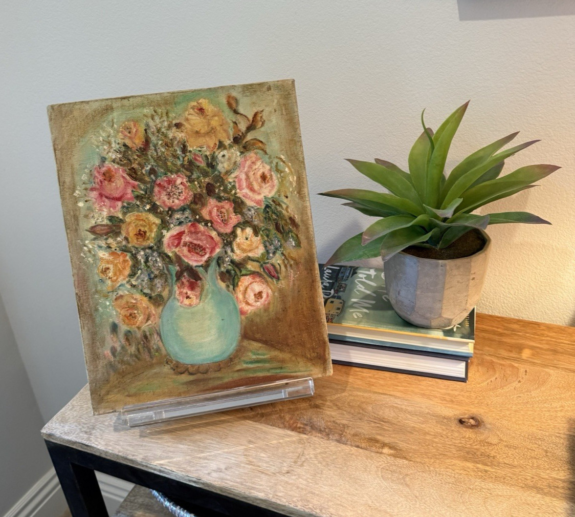 Vintage Floral Oil Painting Roses in Blue Vase Original Impressionist 14×11
