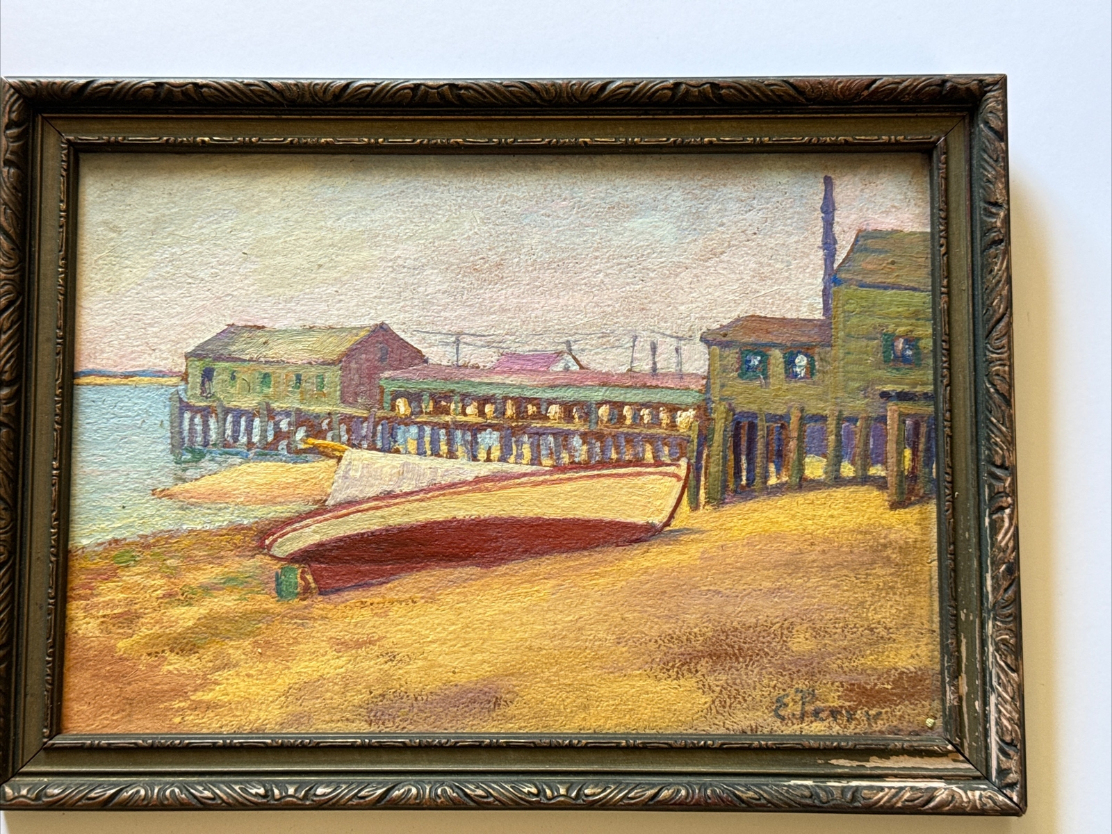 ERNEST ELWOOD PERRY PAINTING ANTIQUE MASSACHUSETTS COAST PIER HISTORIC LISTED