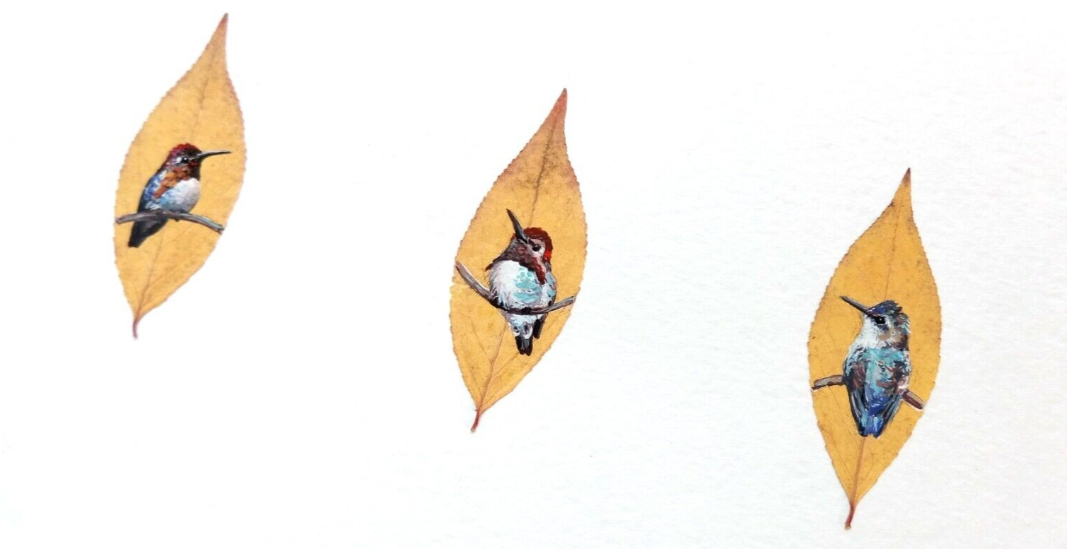 Hand-painted mini hummingbirds painting Miniature bird Dry leaf Original art