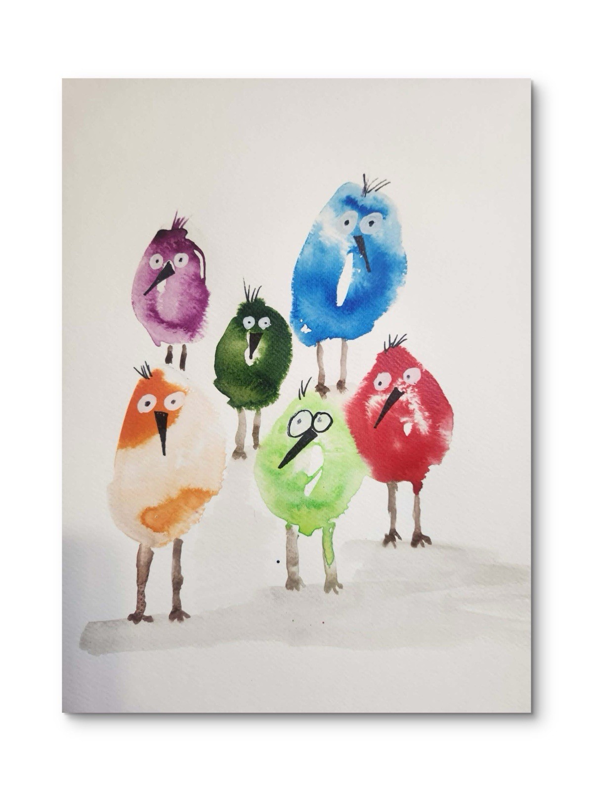 Abstract Silly Birds Colorful Unique Bold Art Watercolor Mixed Media Paper