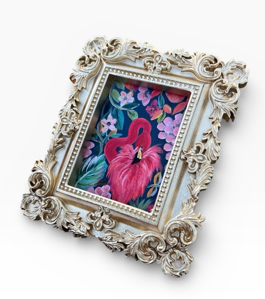 Flamingo 🦩 mini bird print of original painting • vintage ornate frame