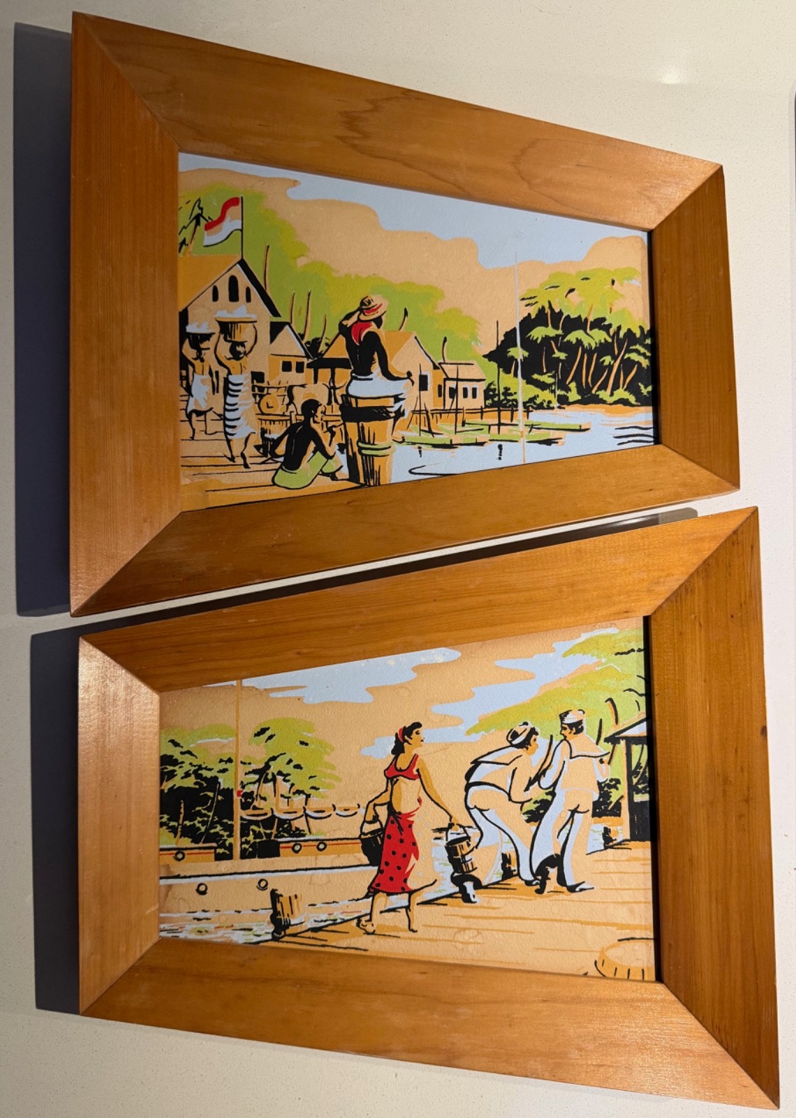 Vintage Landscape Figural Paintings Trapezoid Wood Frames Mid Century Modern Art