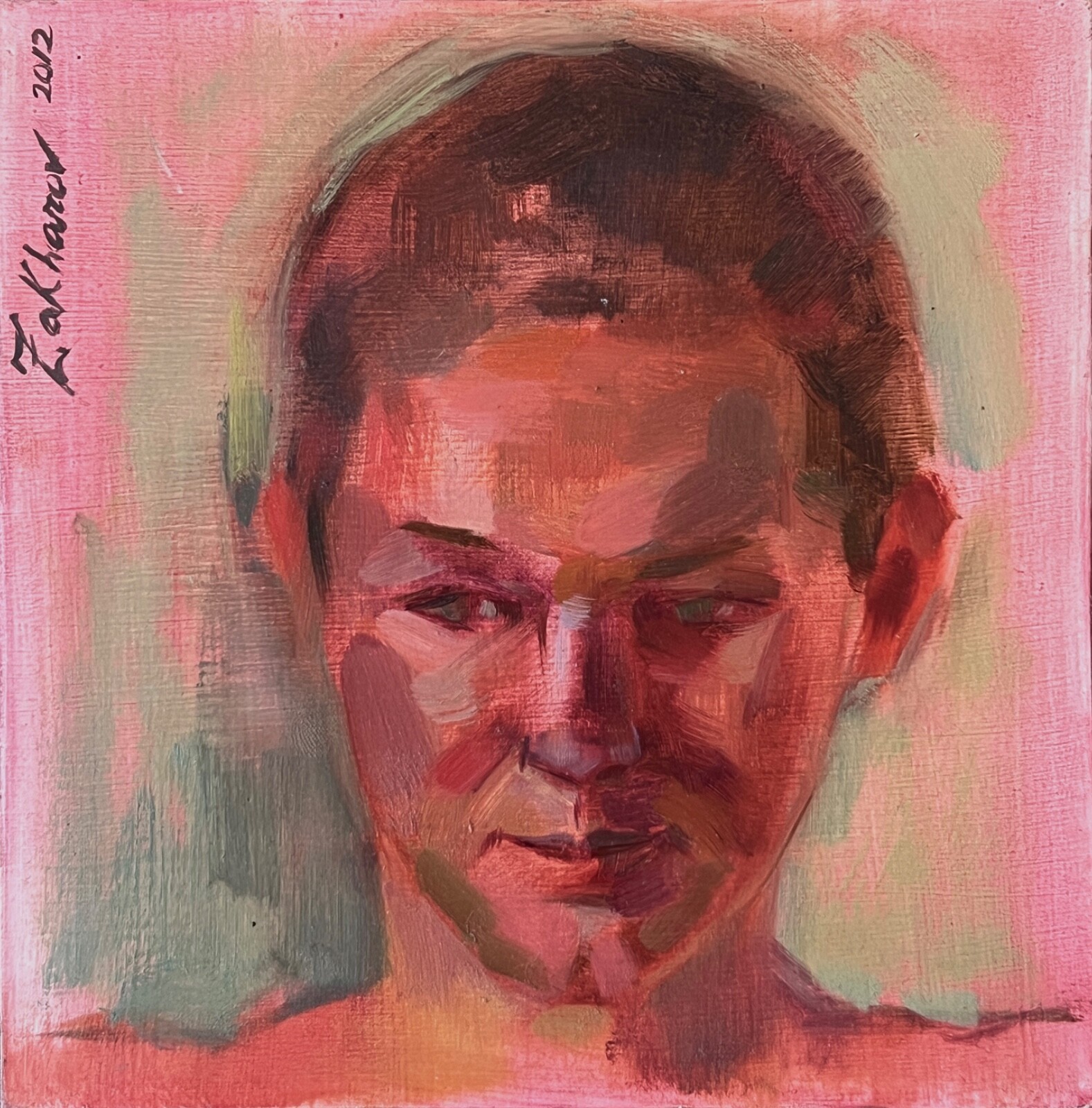 Original Oil Portrait Shaved Head Woman Contemporary Realism Signed