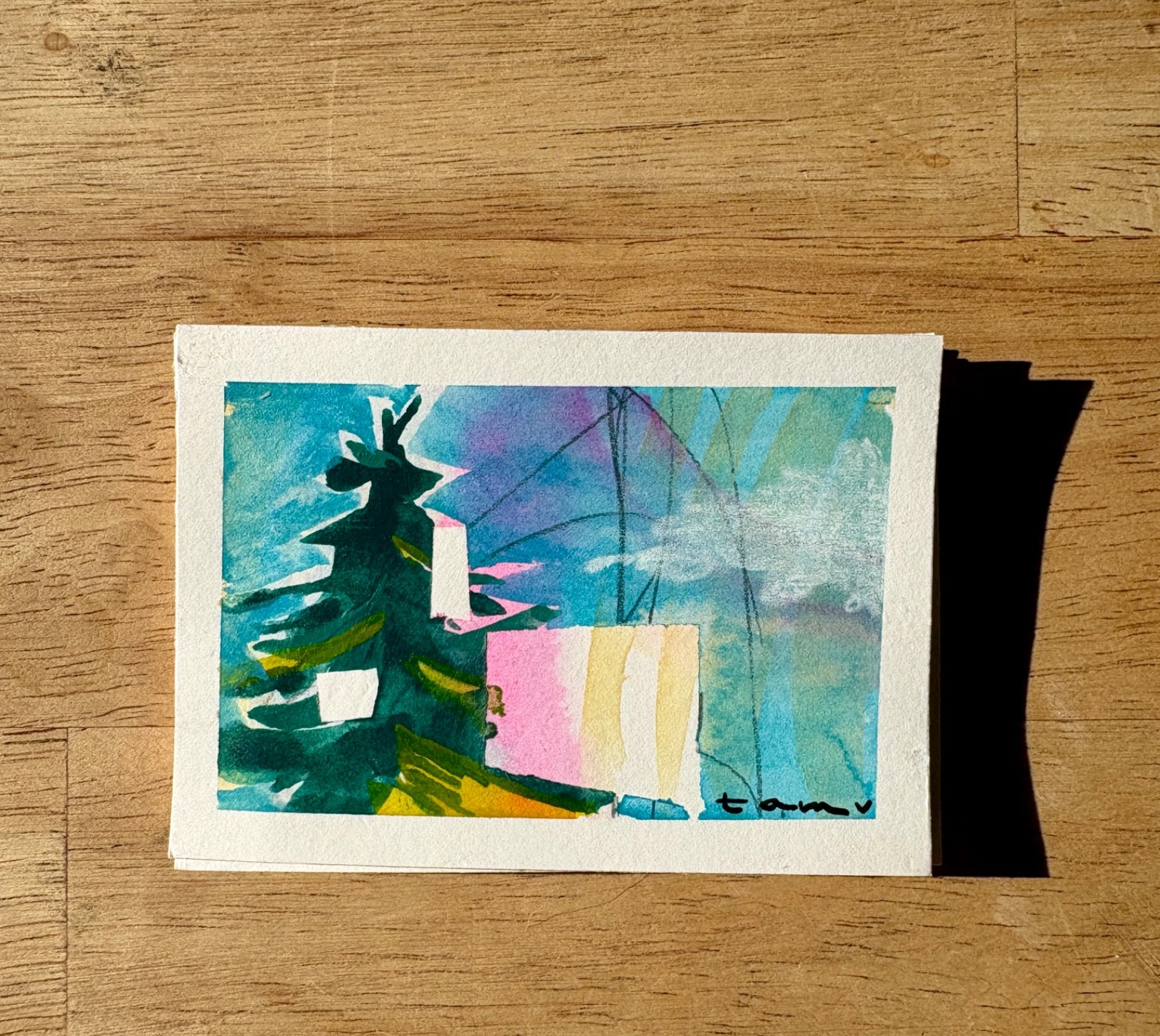 ACEO original art Tree «Tall & Proud» Watercolorby Tam V Big Pink Studio OOK