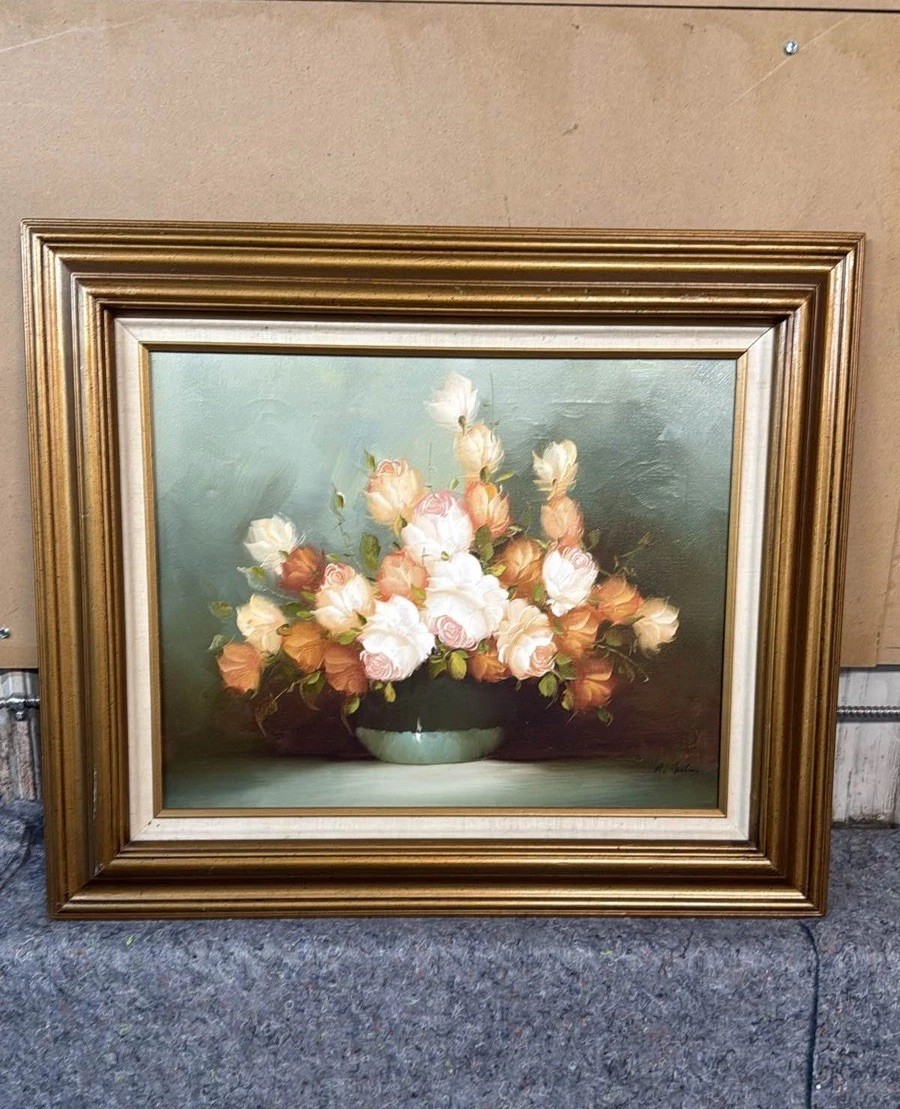 Vintage Floral Still Life Oil Painting Roses Gold Frame Signed 28”x24”