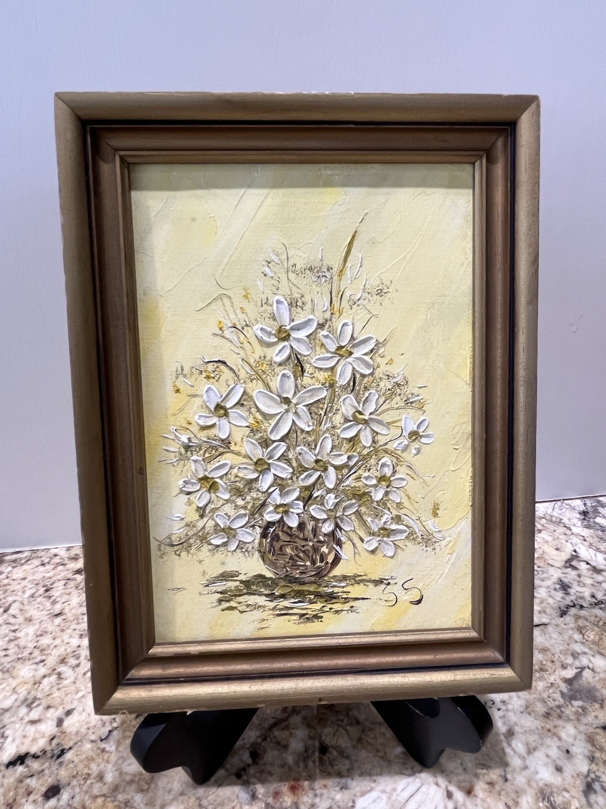 Vintage Miniature Original Framed Painting Flowers White Yellow