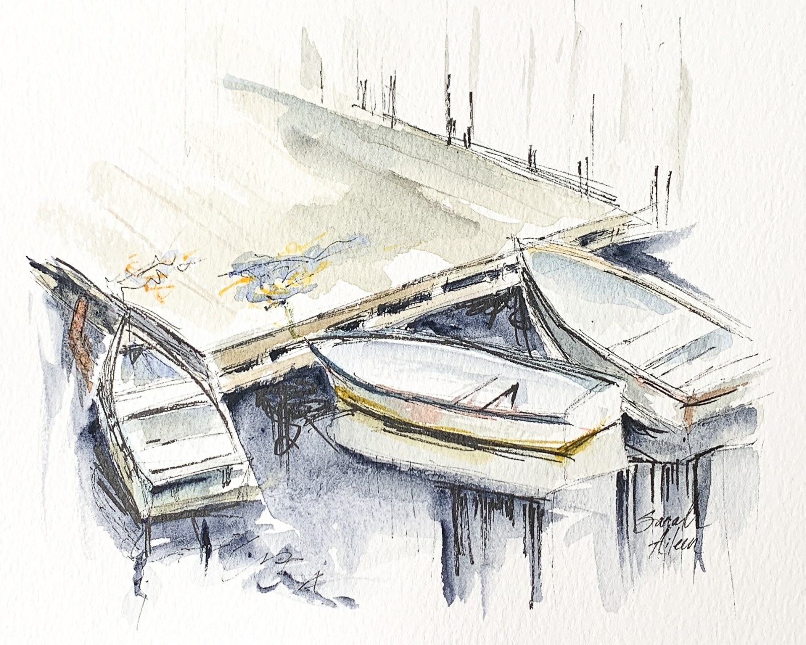 8×10 Original Watercolor Painting Ink Row Boats Dock Neutral Nautical Art Signed