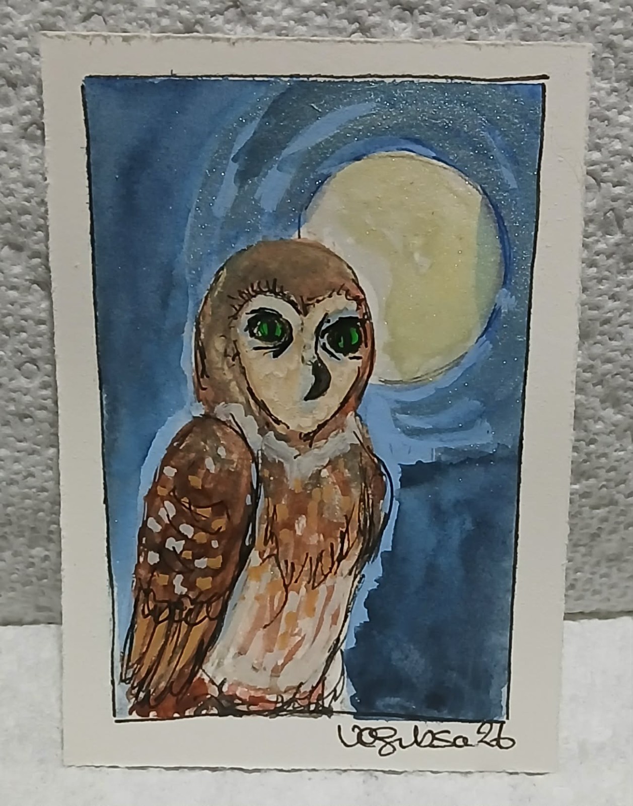 Naïve Outsider‑Inspired Owl under the moon— OOAK Mini Art by Virginia