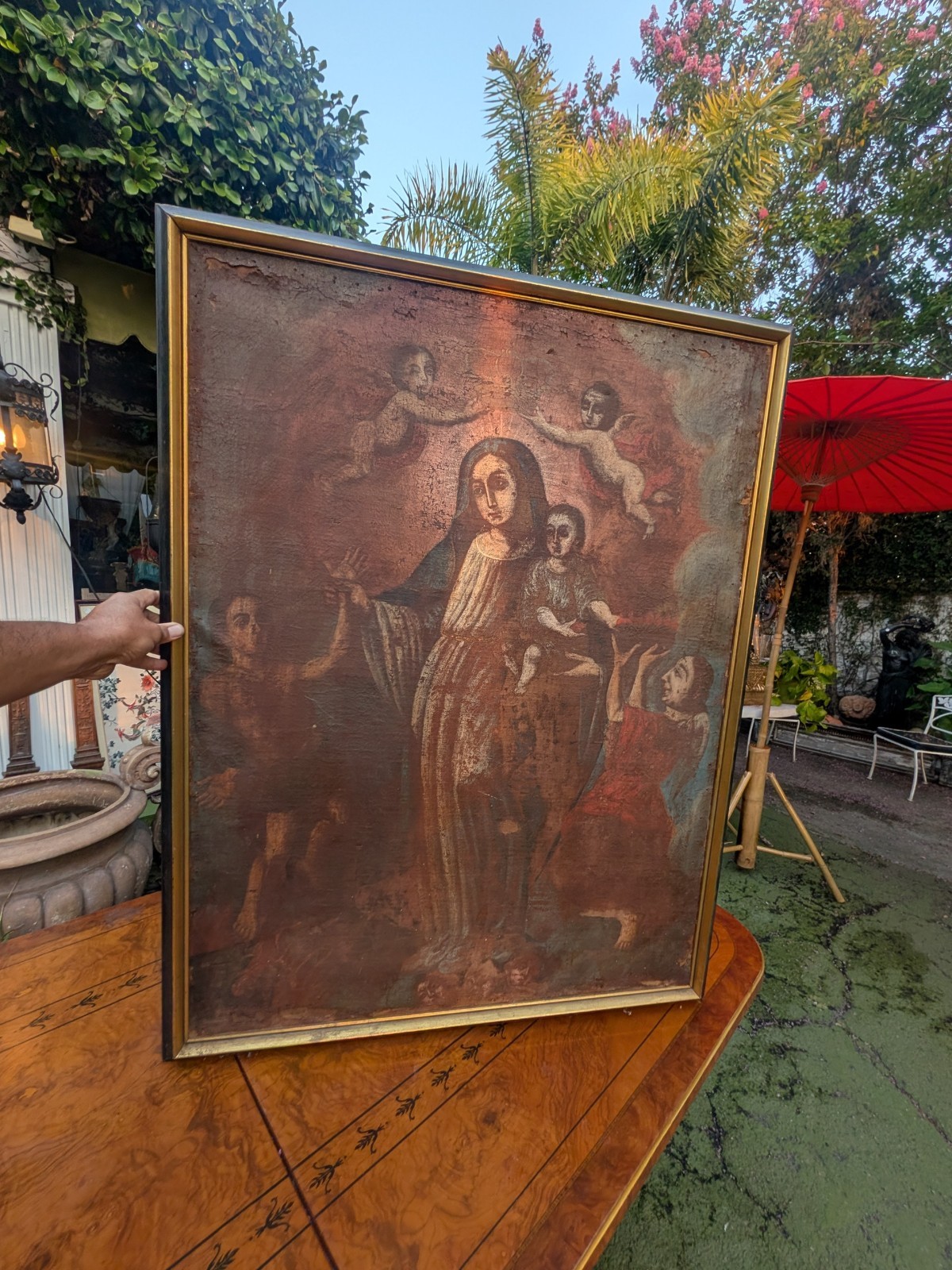 17th Century Nuestra Señora De La Luz Oil Painting Spanish Colonial 36″ L X 46″