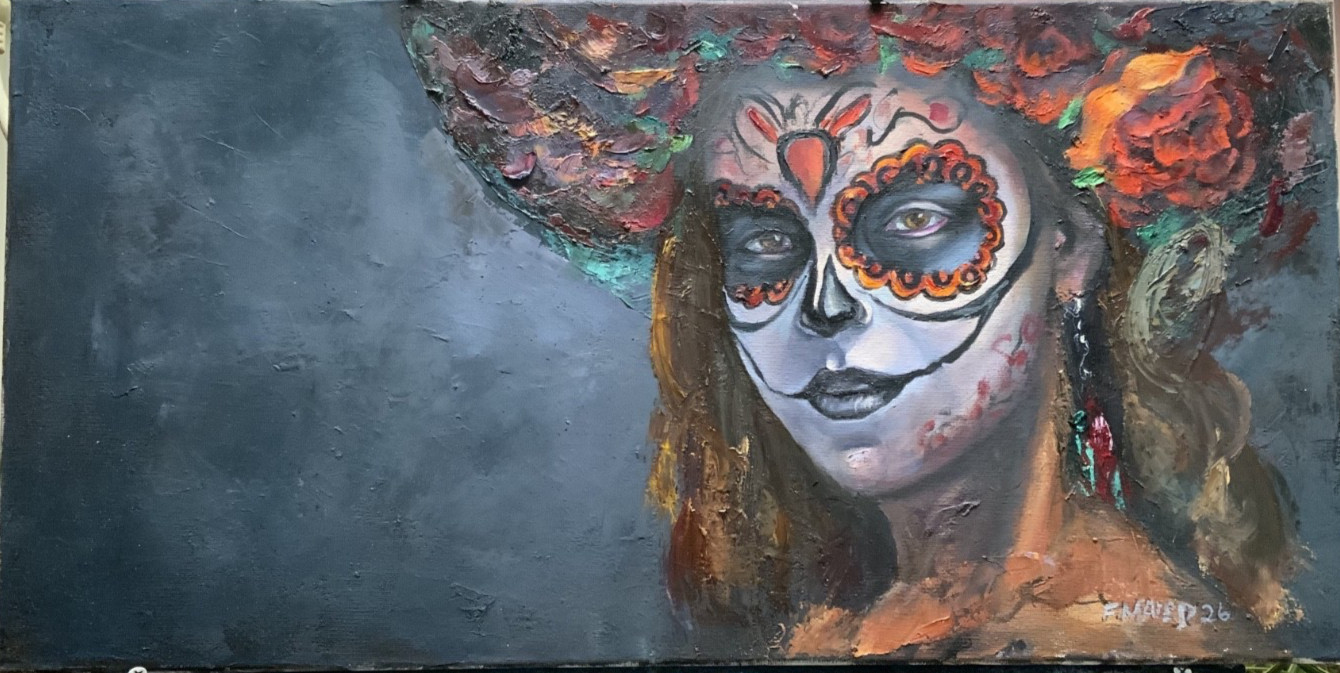 Frank Maier Original Oil Painting: Day of the Dead-Woman w Orange Flower 12″x24