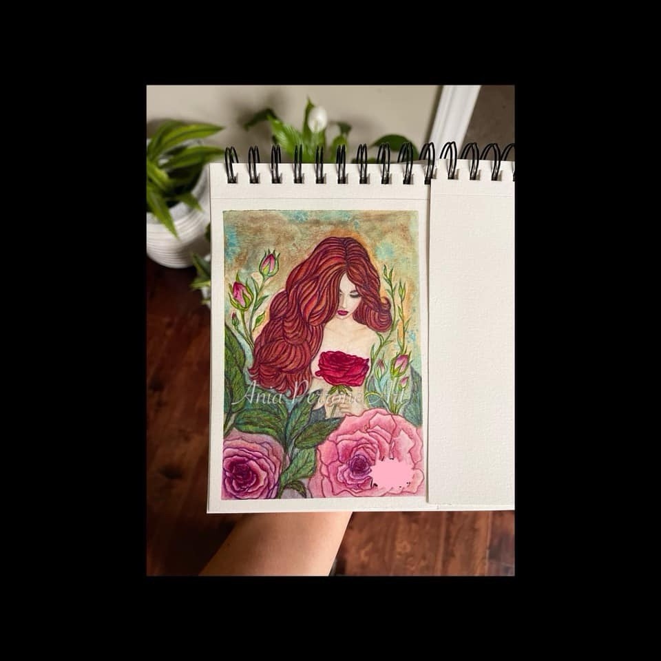 Painting Metallic Watercolor Woman Redhead Autumn Roses Portrait Original 5x7in