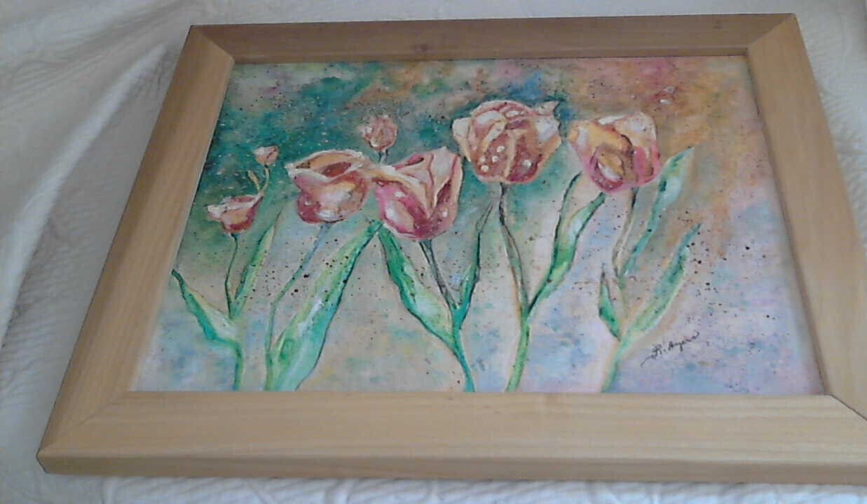 «Tulips» Orig Acrylic Canvas Paint by Ruth Ayers NC Artist 16.5×13.5″ IFrame