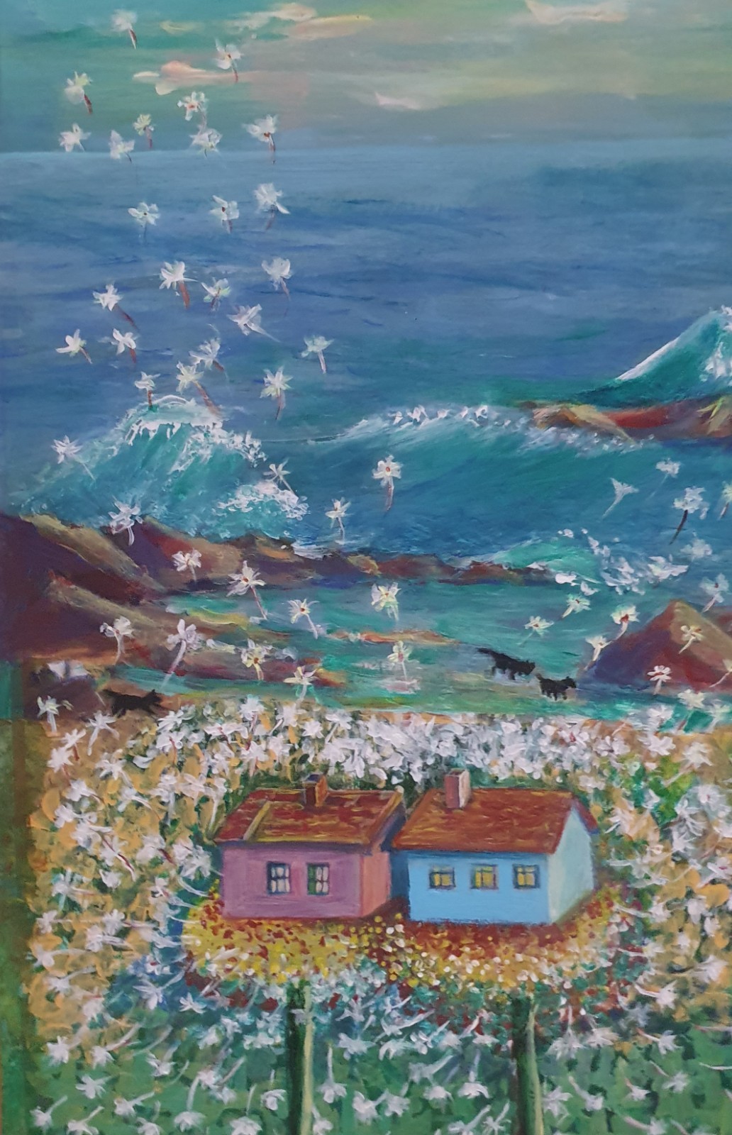 Three Dogs. Two Dandelions. surrealism in the picture,high quality acrylic paint