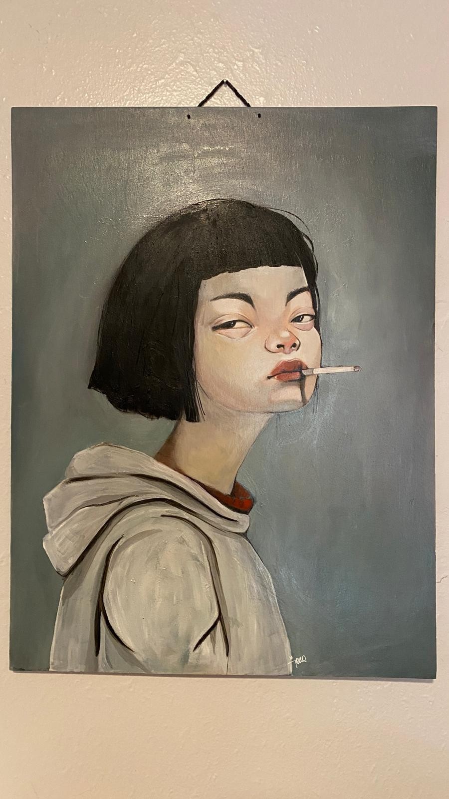 Original Oil Painting woman portrait smoking girl wood 18×24 I’m on my break!