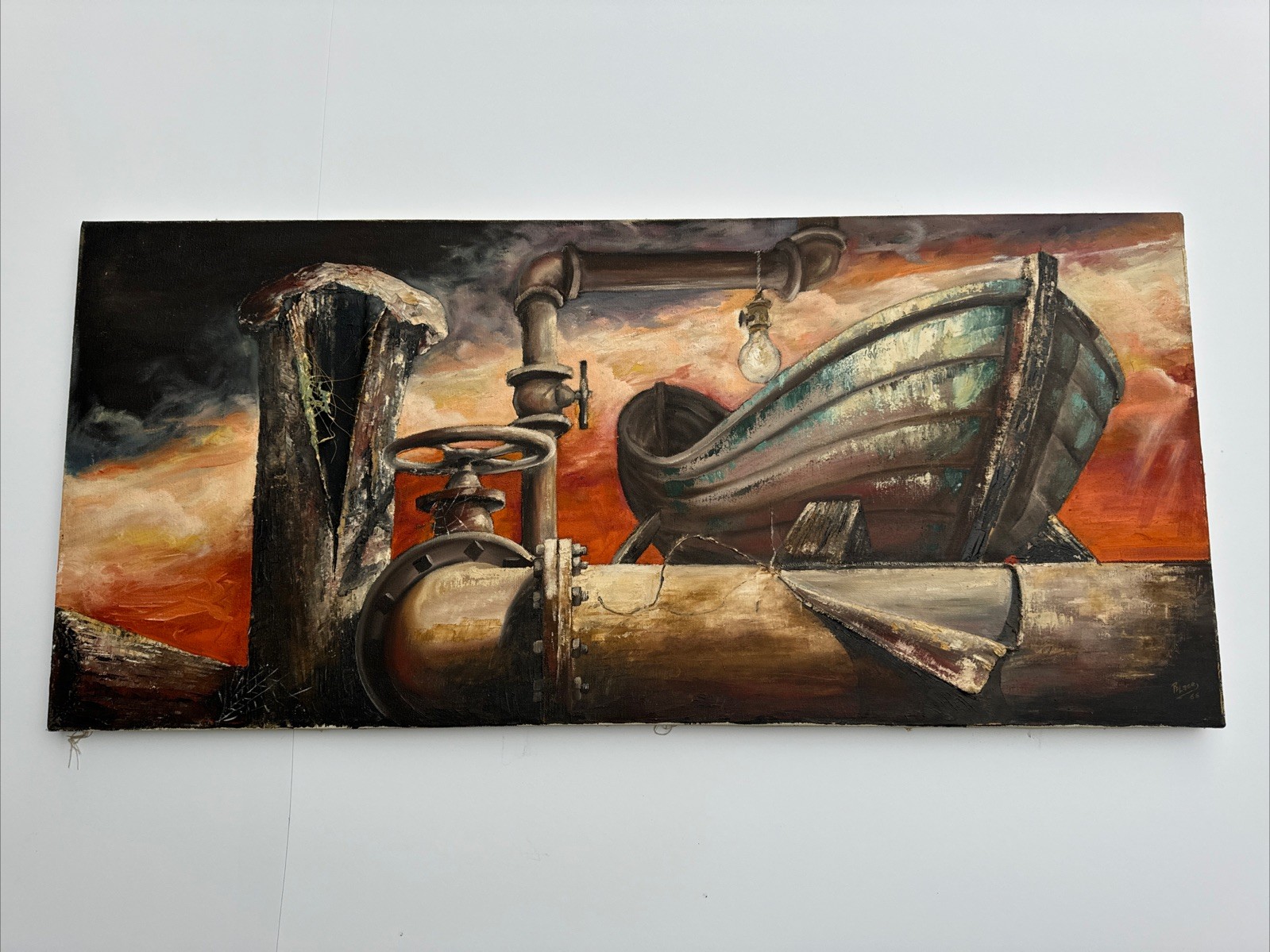 Large Surrealist Painting Industrial Pipe Nature Nautical Mystery Mid Century