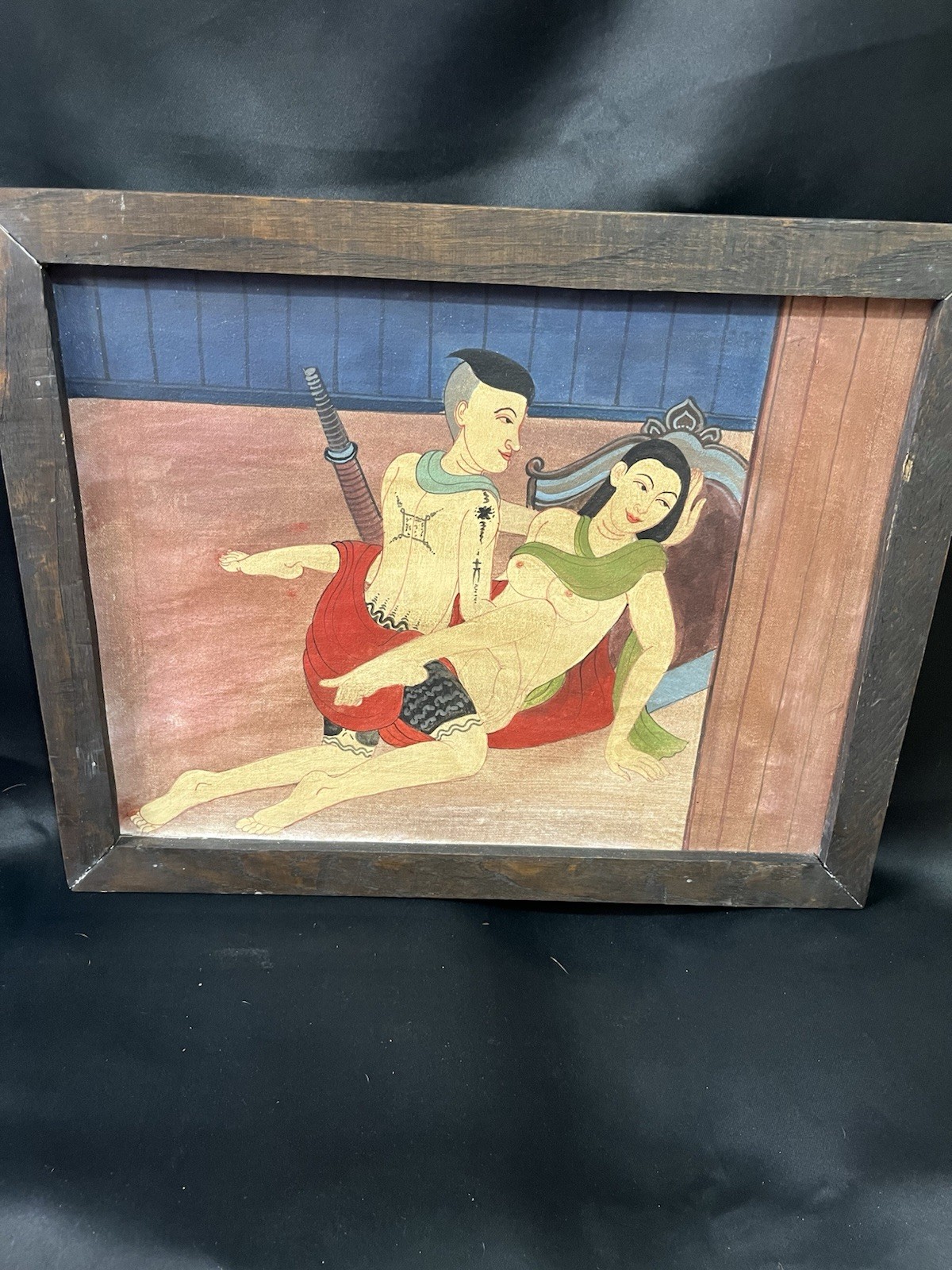 Antique Erotic Painting on canvas — Thai Massage 1920-1930– 17 1/2″ X 14″