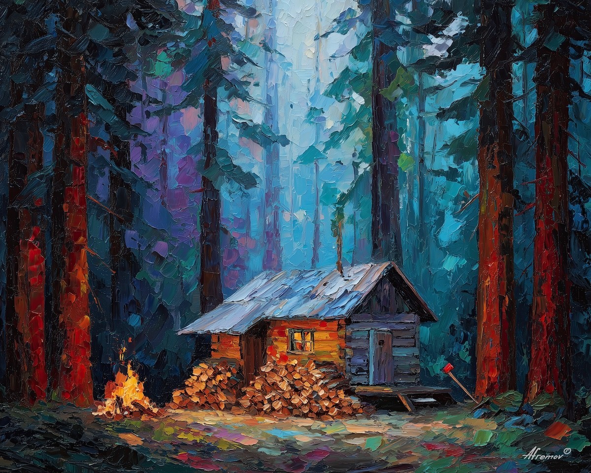 Leonid Afremov CABIN IN THE WOODS Oil Painting 34″x28″ by Official Studio GICLEE