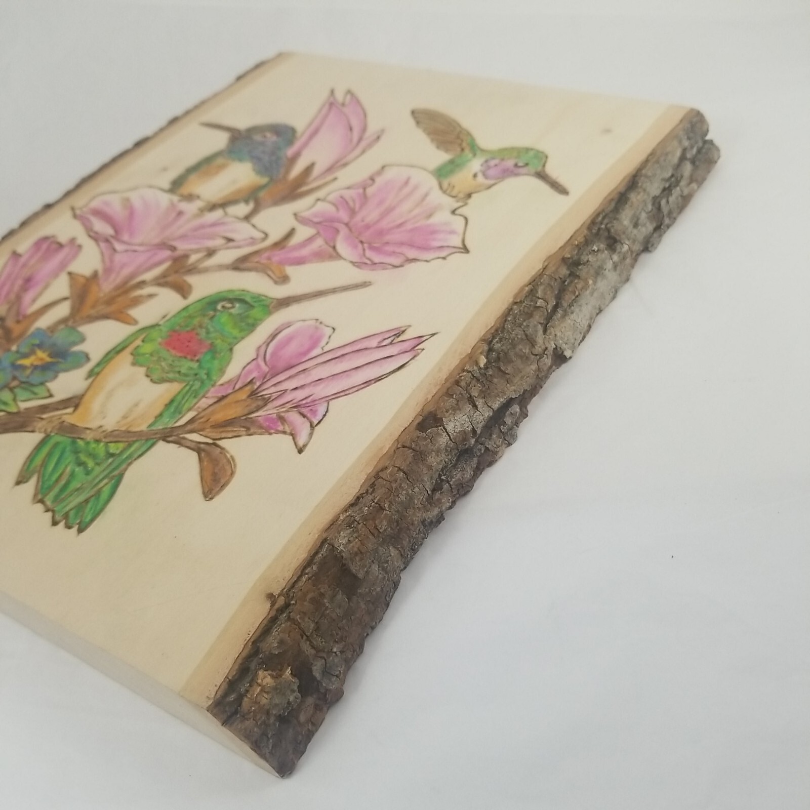 Hummingbirds w/ Pink Flowers on Wood Plank Wood Burning Folk Signed Joi 12″x10″