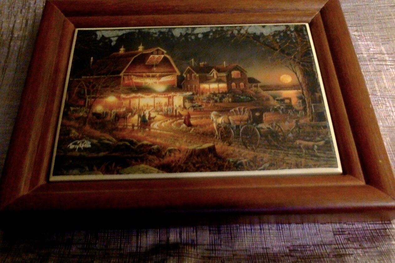 Terry Redlin Hand Painting On Porcelain ‘Harvest Moon Ball In Dark Wooden Frame