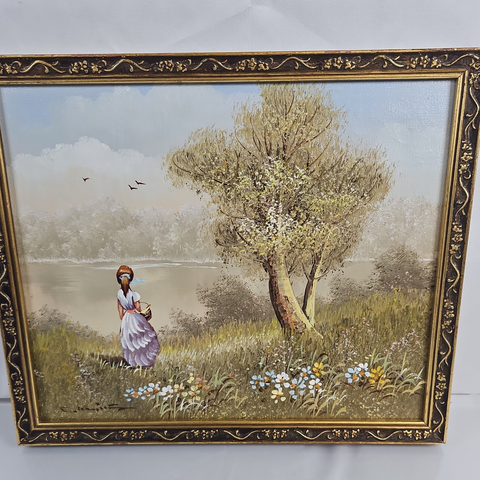 Signed Charles Manning Framed Realism Oil Painting Woman in Landscape on Canvas