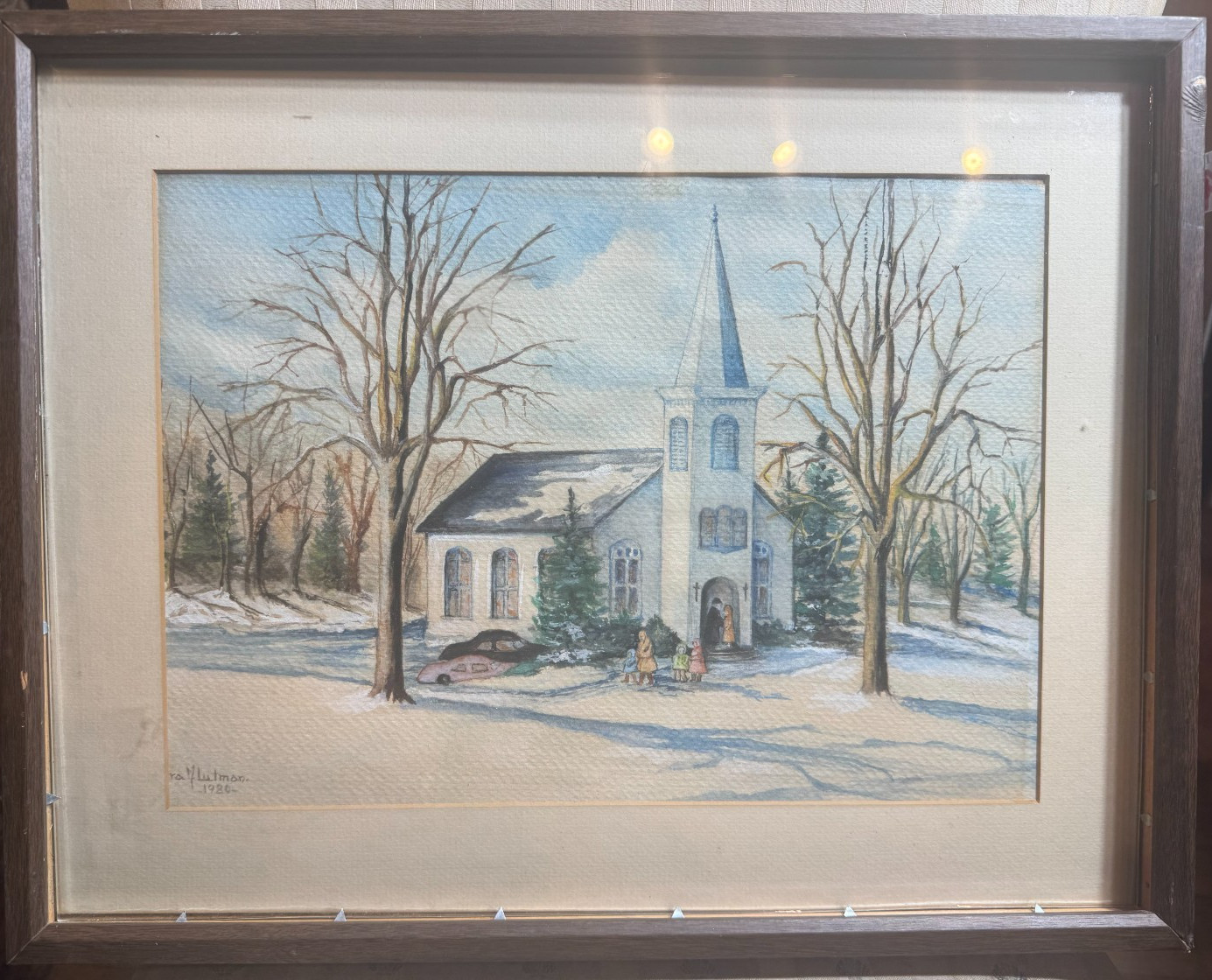 M Lutman Signed Winter Church Snow Watercolor Painting Framed VG 1980 19×15