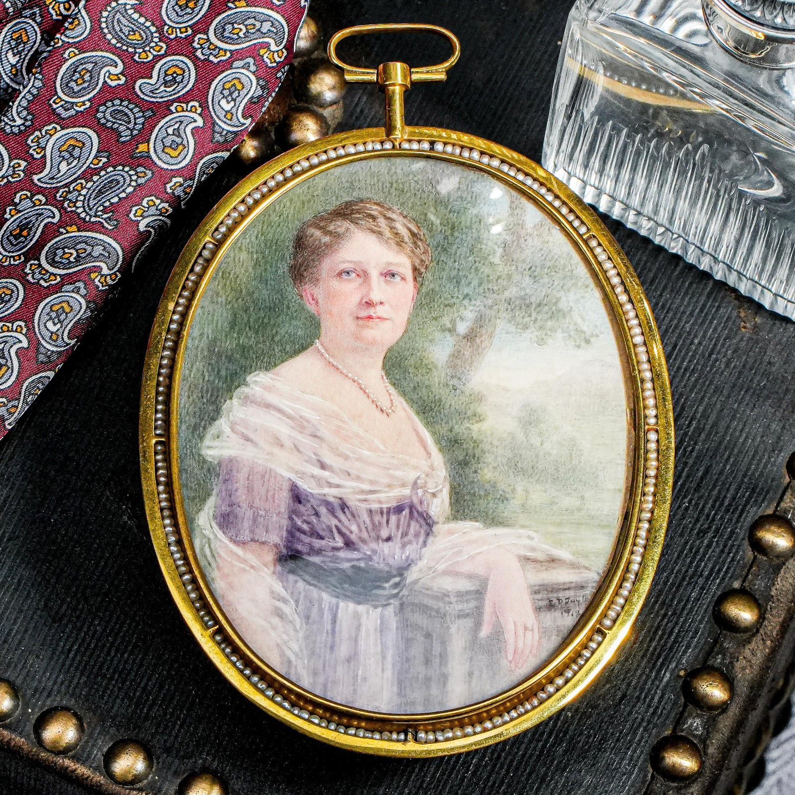 Portrait Miniature Antique Painting Society Woman Hair Seed Pearl Pennsylvania