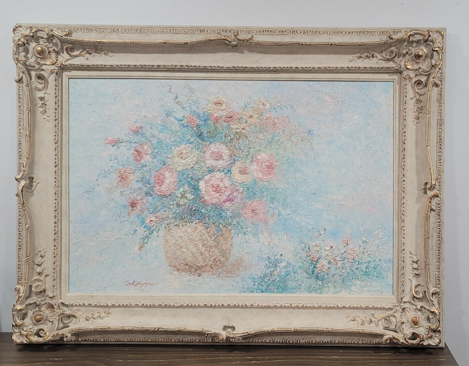 XLarge Floral Still Life Oil Painting Pastel Pink Blue Cottagecore Wall Art
