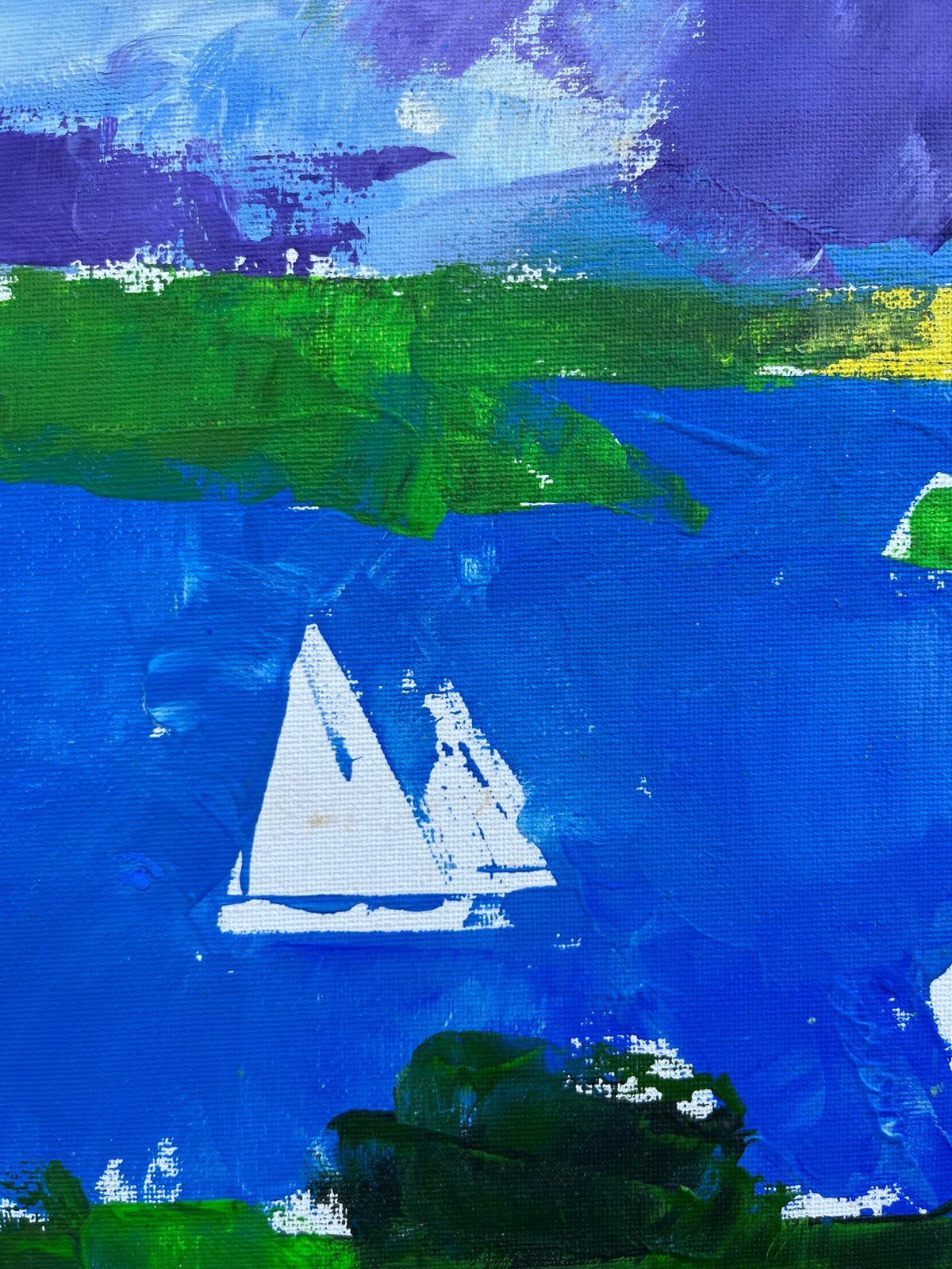 Expressionist Abstract Coastal Landscape with White Sailboat Oil Painting Maritime
