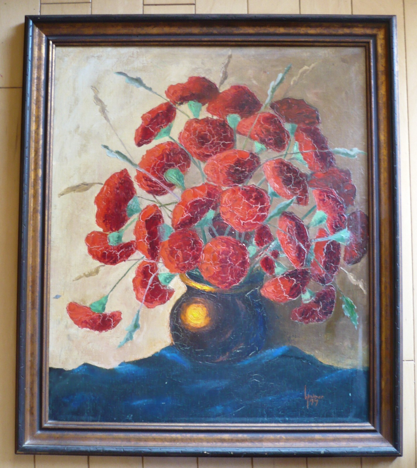 PALMER, 1969 60s MODERN IMPRESSIONIST RED FLORAL FLOWERS SIGNED OIL PAINTING
