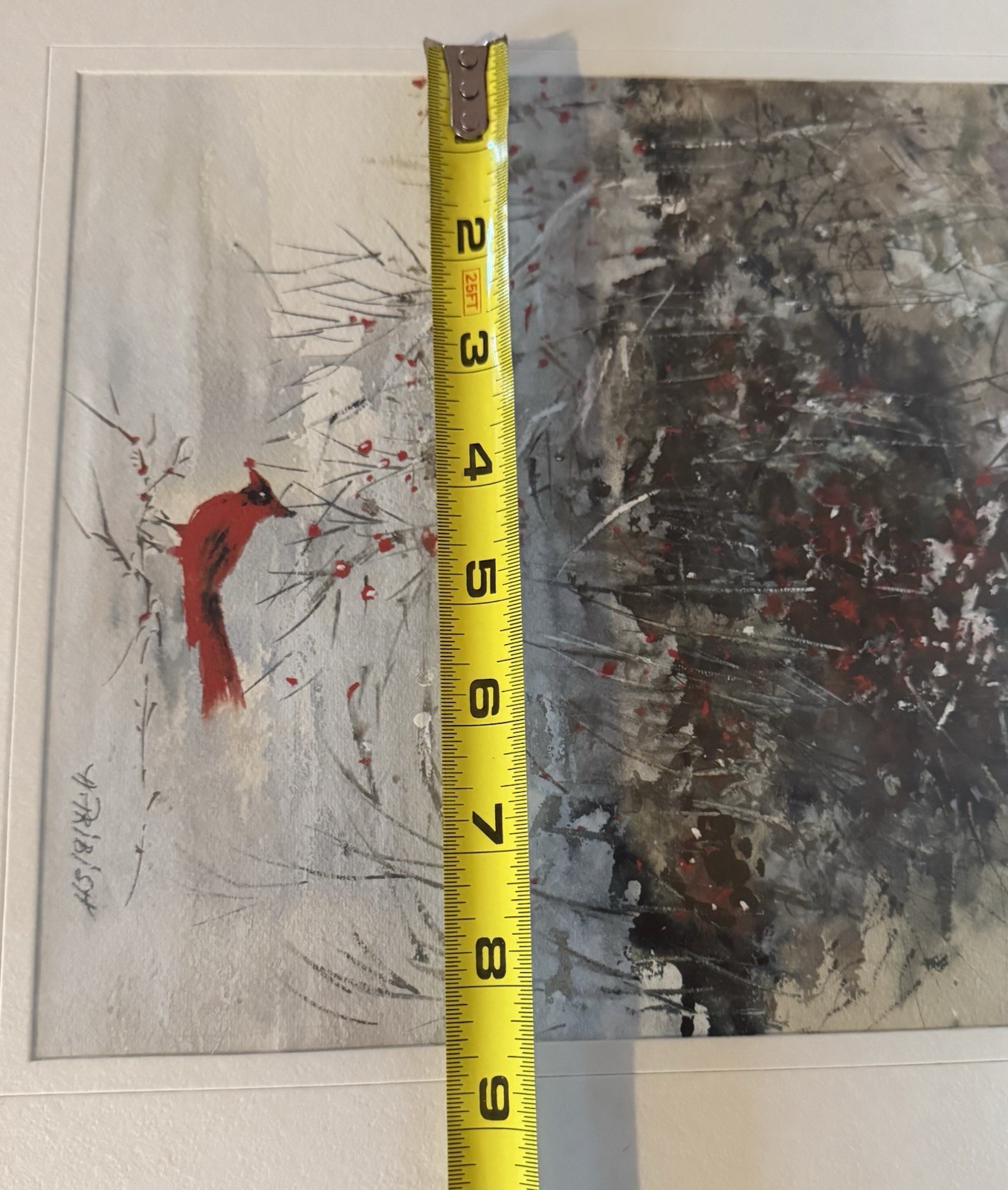 Cardinal Bird Winter Scene Original Watercolor Painting Sign Ann Pribish 19×15”