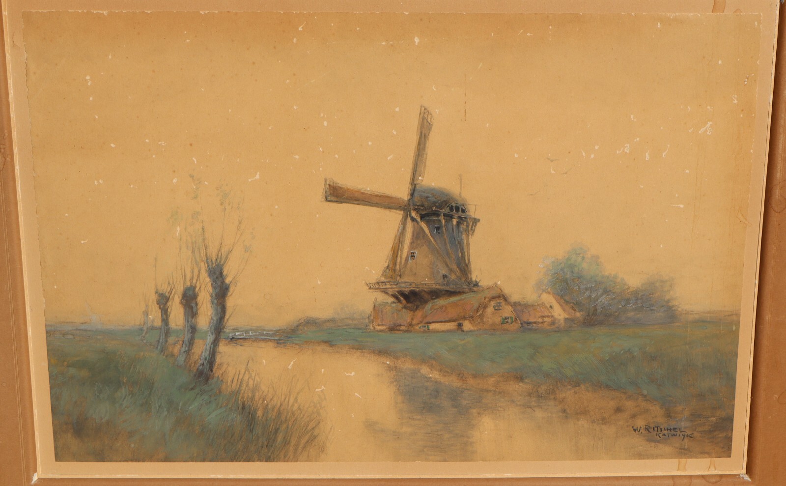 WILLIAM FREDERICK RITSCHEL Turn of Century watercolor Windmill Dutch Landscape