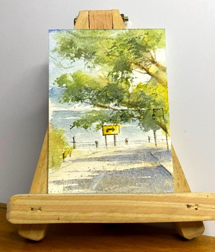 Original Watercolor ACEO Painting Coastal Road Tree Landscape OOAK Miniature Art