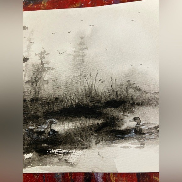Landscape Original Ducks Painting Marsh Fog Art watercolor mix signed by artist