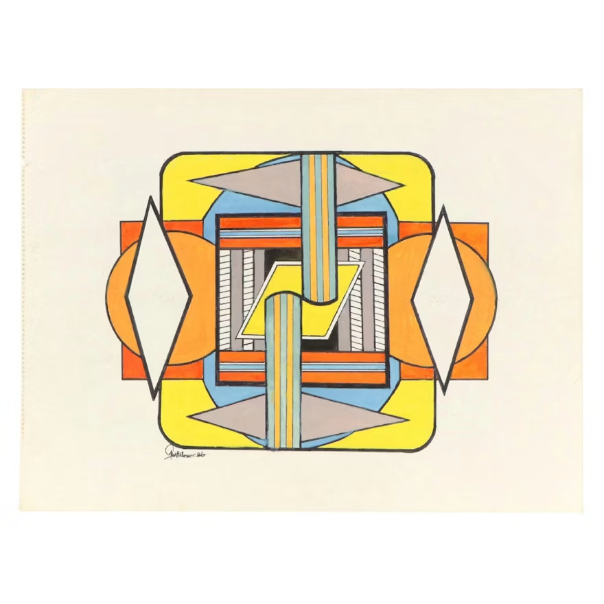 Vintage Geometric Double-Sided Gouache Painting, Signed, 1986 -abstract, mcm-